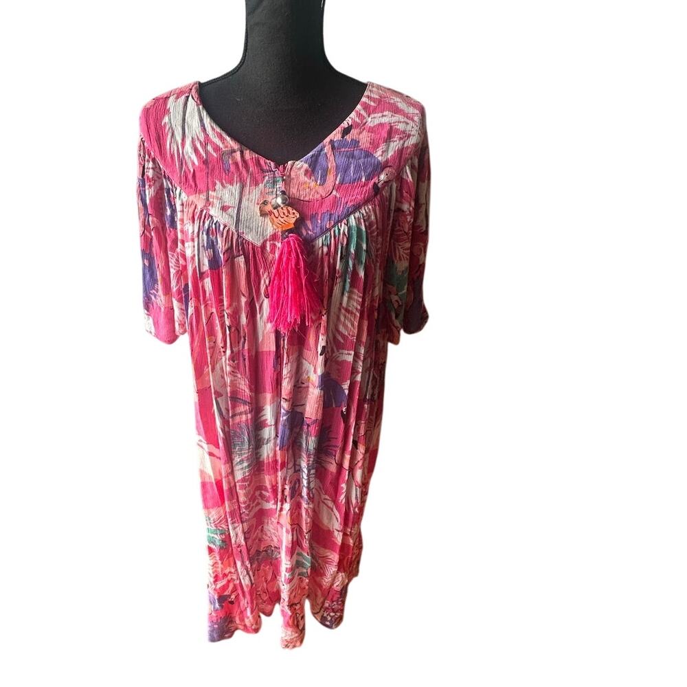 Vintage Style Go Softly Patio Dress Tropical Tassel Flamingo Boho